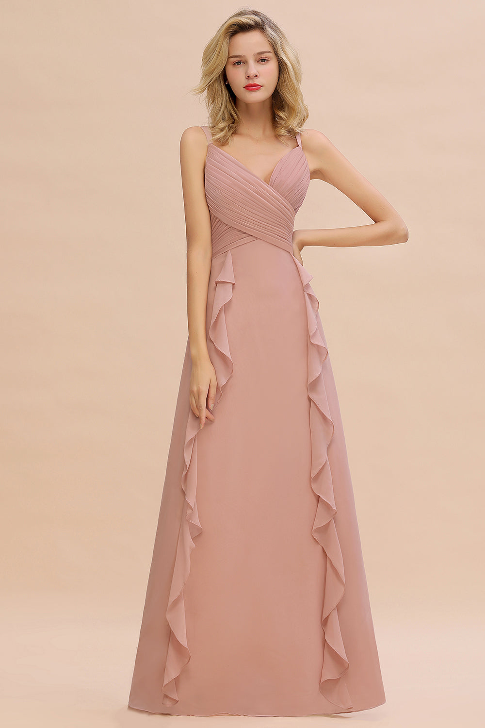 Elegant Long A-line Sweetheart Spaghetti Straps Chiffon Bridesmaid Dress-BIZTUNNEL