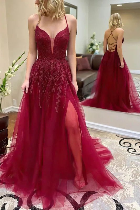 Elegant Long A-Line Sweetheart Tulle Backless Prom Dress With Slit-BIZTUNNEL