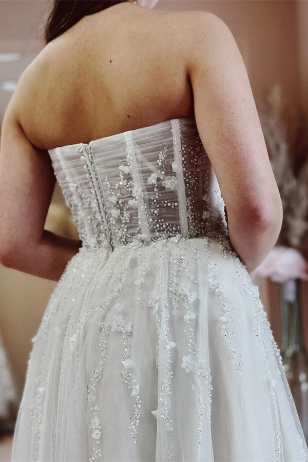 Charger l&amp;#39;image dans la galerie, Elegant Long A-line Sweetheart Tulle Lace Wedding Dress with Slit-BIZTUNNEL
