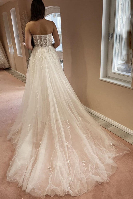 Charger l&amp;#39;image dans la galerie, Elegant Long A-line Sweetheart Tulle Lace Wedding Dress with Slit-BIZTUNNEL
