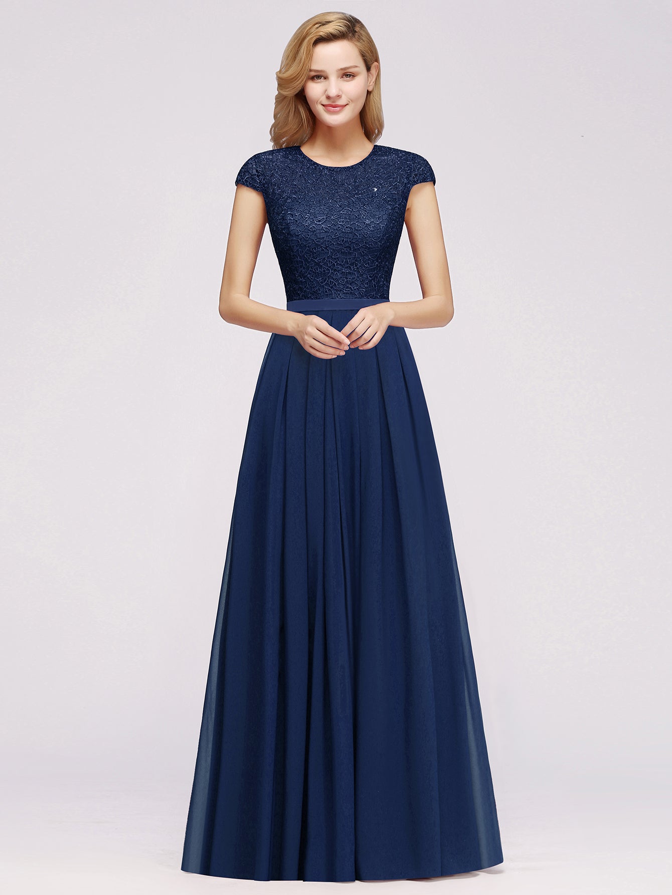 elegant maxi long lace cap sleeve bridesmaid dress Cap Sleeve Chiffon Maxi Bridesmaid Dress with Ruched Bodice Ice Blue / 10
