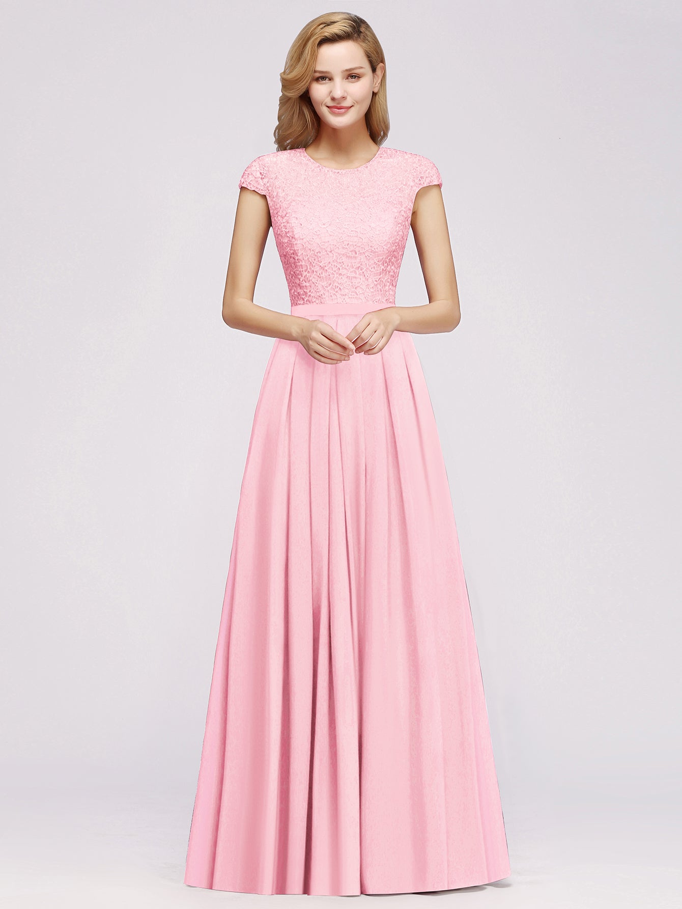 Elegant Long A-line Tulle Floral Lace Bridesmaid Dress with Cap Sleeve BIZTUNNEL Elegant Long A-line Tulle Floral Lace Bridesmaid Dress with Cap Sleeve BIZTUNNEL