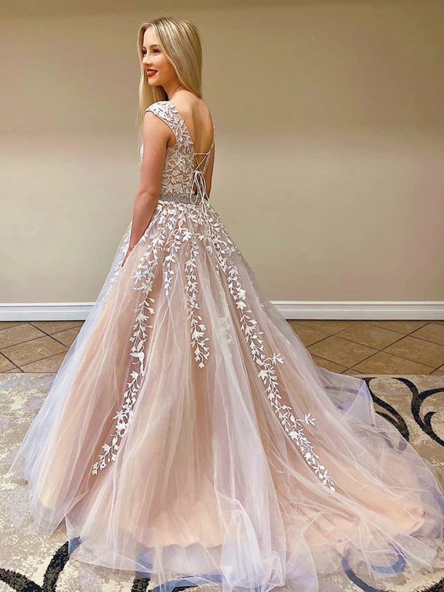 Cargar imagen en el visor de la Galería, Elegant Long A-line Tulle Lace Round Neck Backless Formal Prom Dresses-BIZTUNNEL
