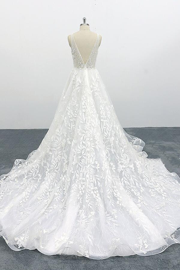 Boho Long A-line V-neck Lace Tulle Backless Wedding Dresses main image 1