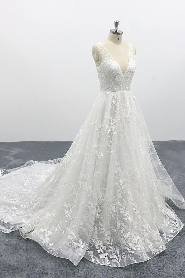 Elegant Long A-line V-neck Appliques Lace Tulle Backless Wedding Dress-BIZTUNNEL