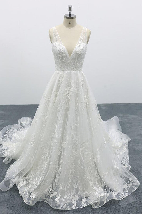 Carregar imagem no visualizador da galeria, Elegant Long A-line V-neck Appliques Lace Tulle Backless Wedding Dress-BIZTUNNEL
