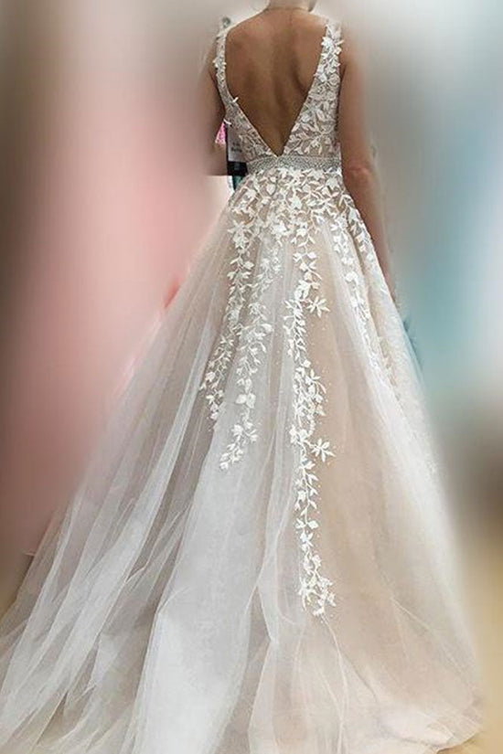 Carregar imagem no visualizador da galeria, Elegant Long A line V neck Appliques Lace Tulle Wedding Dress-BIZTUNNEL
