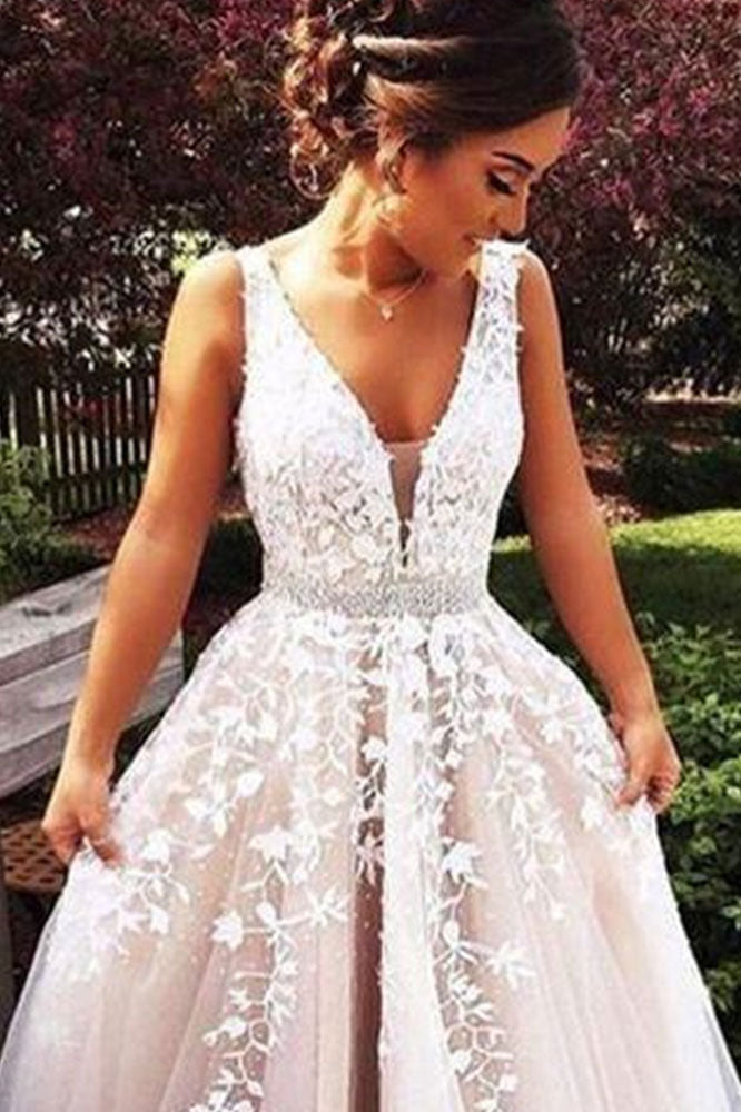 Load image into Gallery viewer, Elegant Long A line V neck Appliques Lace Tulle Wedding Dress-BIZTUNNEL
