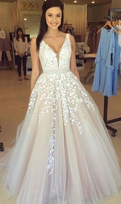 Elegant Long A line V neck Appliques Lace Tulle Wedding Dress-BIZTUNNEL
