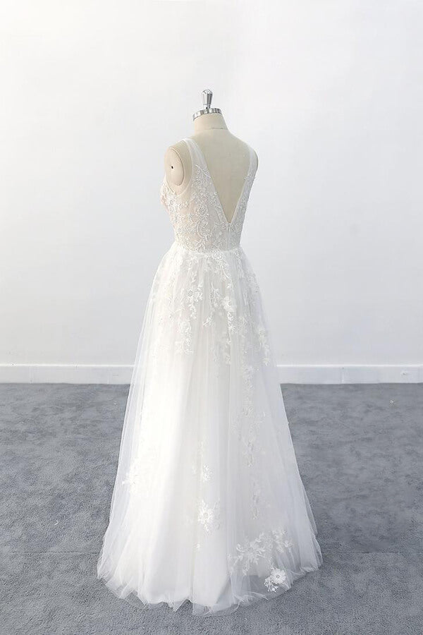 Elegant Long A-line V-neck Appliques Tulle Backless Wedding Dress-BIZTUNNEL