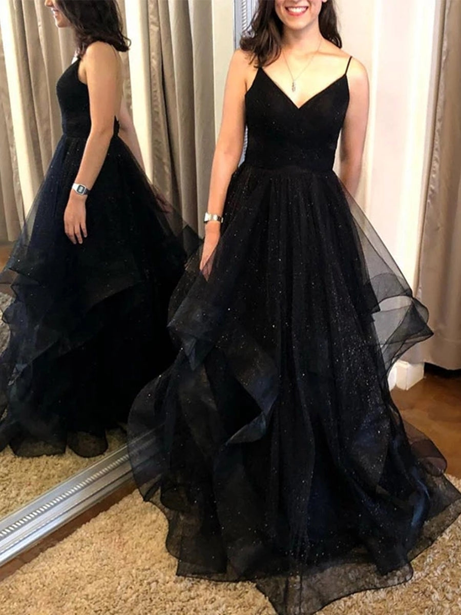 Elegant Long A Line V Neck Backless Long Prom Dresses Black Formal Evening Gowns-BIZTUNNEL