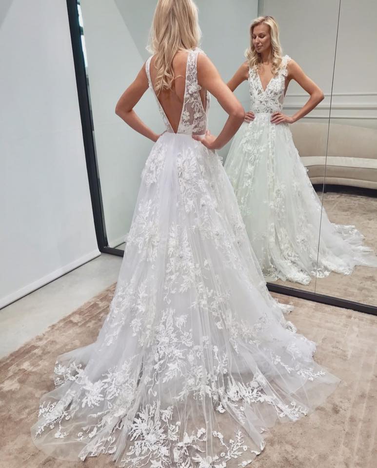 Elegant Long A-line V-neck Backless Tulle Lace Wedding Dress-BIZTUNNEL