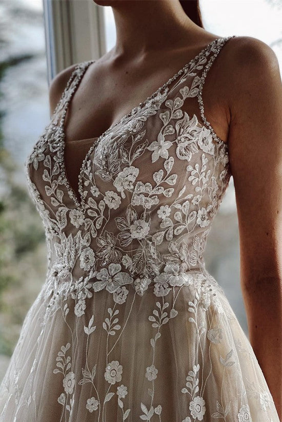 Cargar imagen en el visor de la Galería, Elegant Long A-line V-neck Backless Tulle Lace Wedding Dresses-BIZTUNNEL
