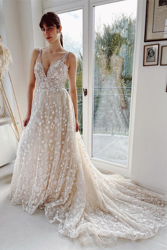 Cargar imagen en el visor de la Galería, Elegant Long A-line V-neck Backless Tulle Lace Wedding Dresses-BIZTUNNEL
