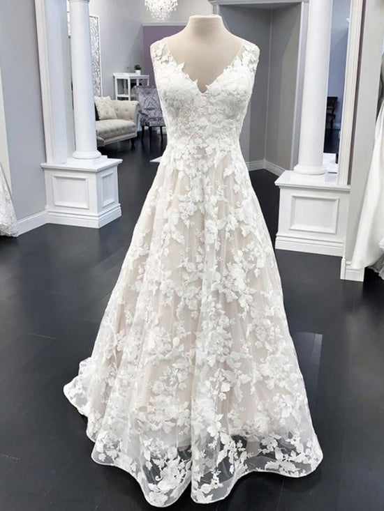 Elegant Long A Line V Neck Floral Lace Wedding Dresses-BIZTUNNEL