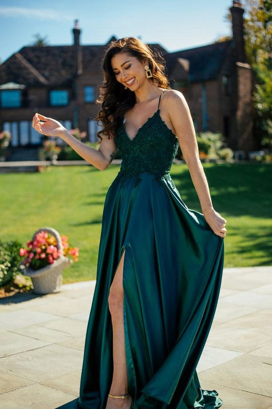Load image into Gallery viewer, Elegant Long A-line V-neck Satin Sleeveless Prom Dress with Slit-BIZTUNNEL
