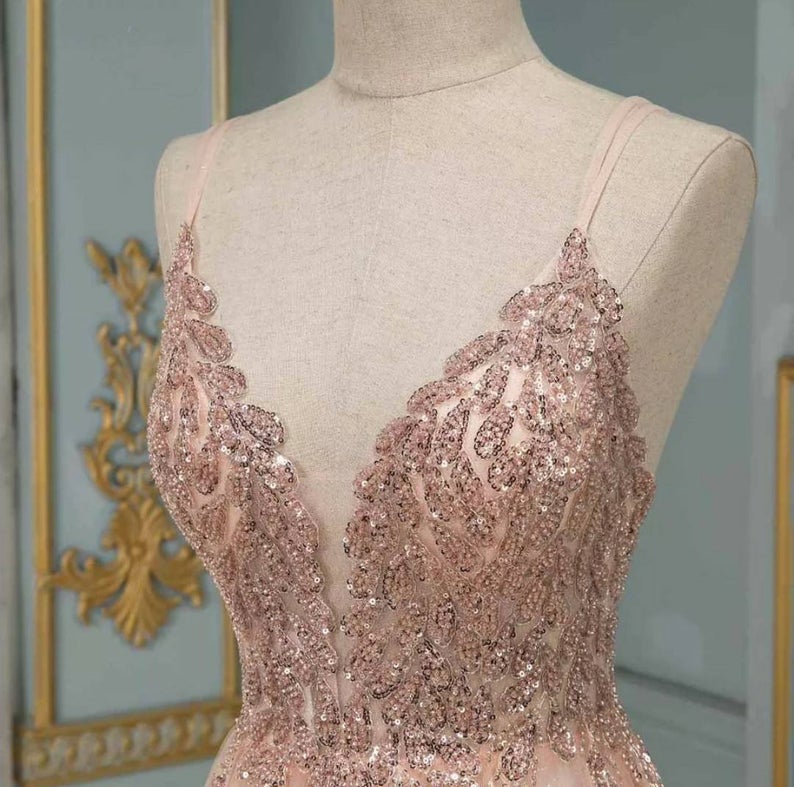 Long A-line V Neck Tulle Backless Beaded Prom Formal Graduation Evening Dresses