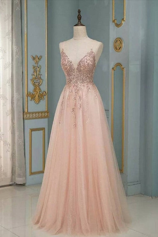 Elegant Long A-line V-neck Sequins Tulle Backless Prom Dress-BIZTUNNEL
