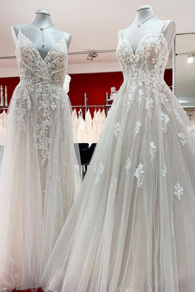 Elegant Long A-line V Neck Sleeveless Ruffles Backless Wedding Dress-BIZTUNNEL