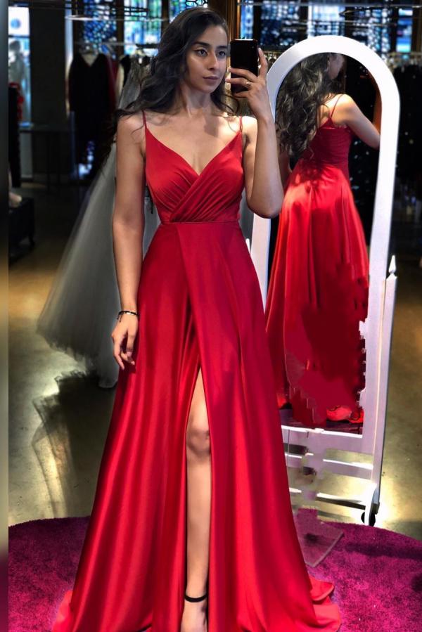 Elegant Long A-line V-neck Spaghetti Straps Prom Dress with Slit-BIZTUNNEL