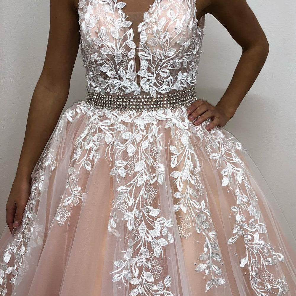 Elegant Long A-line V-neck Tulle Lace Backless Formal Prom Dresses Elegant Long A-line V-neck Tulle Lace Backless Formal Prom Dresses