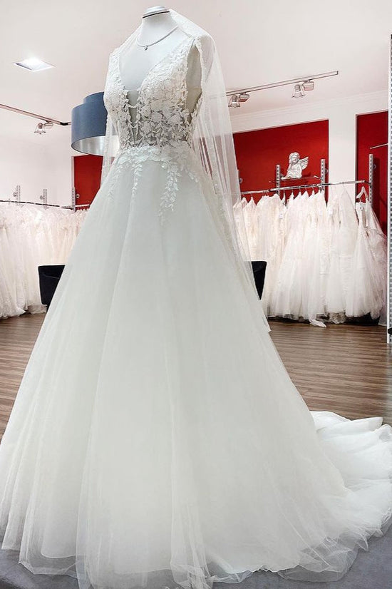 Elegant Long A-line V Neck Tulle Lace Open Back Wedding Dress-BIZTUNNEL