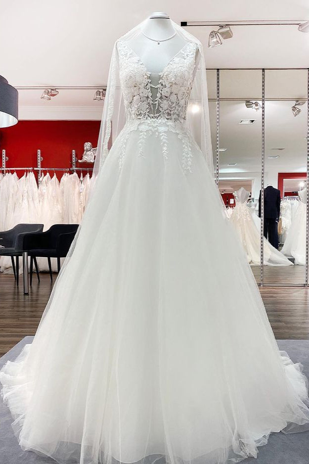 Elegant Long A-line V Neck Tulle Lace Open Back Wedding Dress-BIZTUNNEL