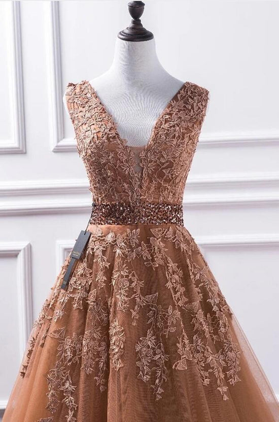 Charger l&amp;#39;image dans la galerie, Elegant Long A-line V-neck Tulle Lace Prom Dress-BIZTUNNEL
