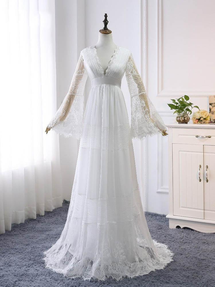 Elegant Long A-line V-Neck Tulle Lace Wedding Dresses with Sleeves-BIZTUNNEL