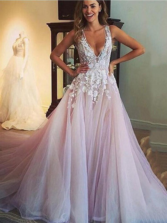 Elegant Long A-Line V Neck Tulle Lace Wedding Dresses-BIZTUNNEL