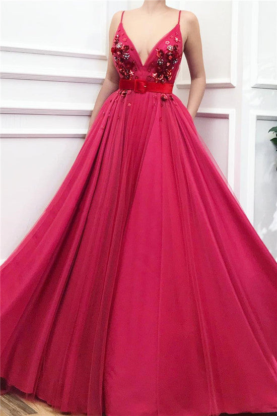 Load image into Gallery viewer, Elegant Long A-line V-neck Tulle Prom Dress-BIZTUNNEL
