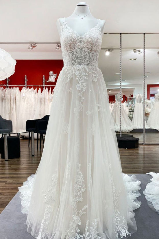 Elegant Long A-Line V Neck Tulle Spaghetti Straps Lace Wedding Dress-BIZTUNNEL
