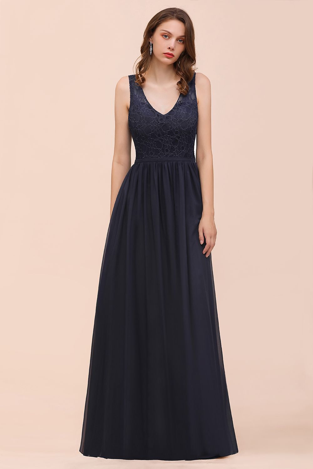 Elegant Long A-line V-neck Wide Straps Chiffon Bridesmaid Dress With R – BIZTUNNEL