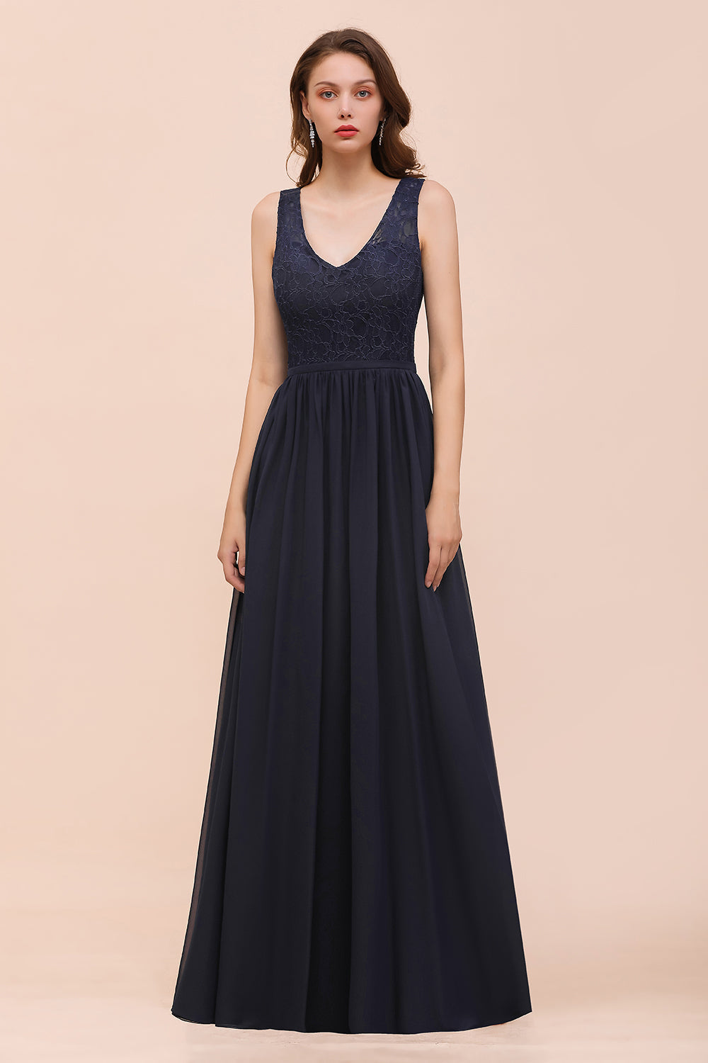 Elegant Long A-line V-neck Wide Straps Chiffon Bridesmaid Dress With Ruched-BIZTUNNEL