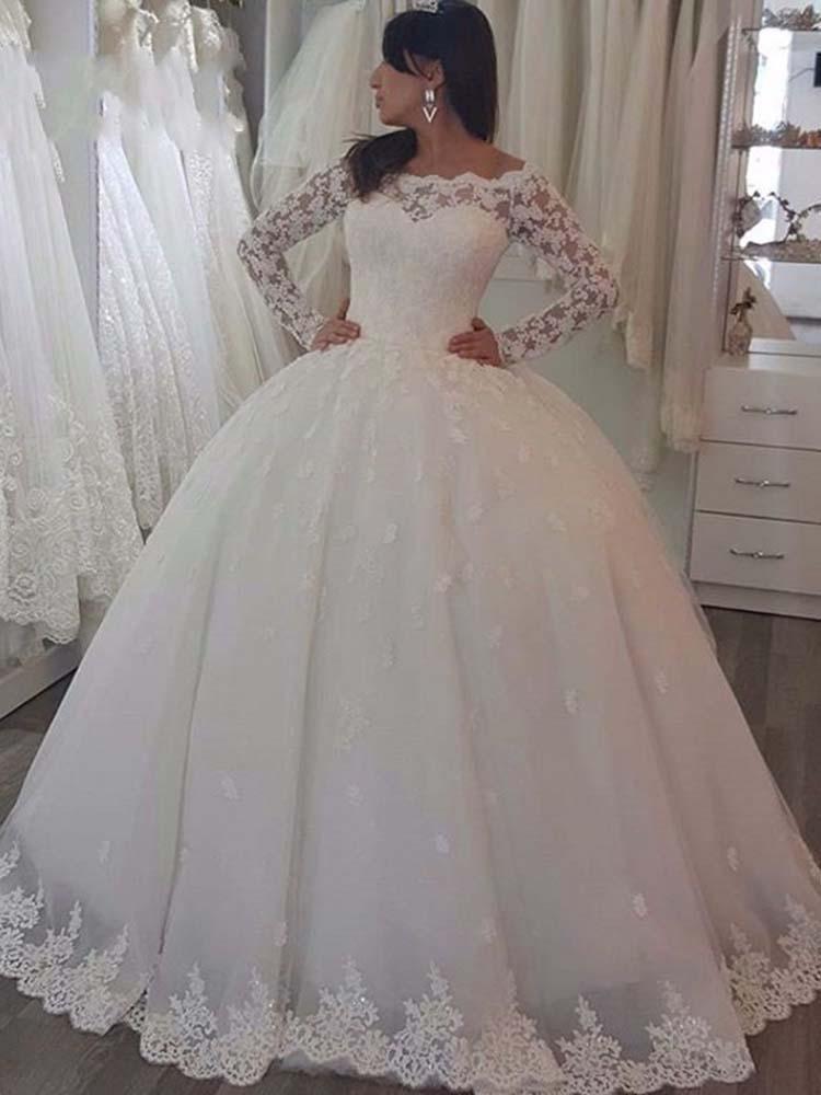 Ball Gown Bateau Satin Long Sleeves Applique Prom Dresses LBQ0095
