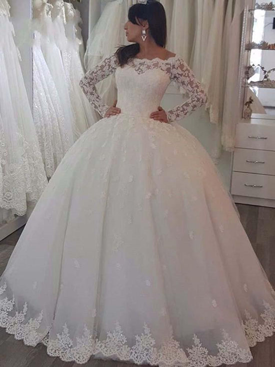 Elegant Long Ball Gown Bateau Lace Wedding Dresses with Sleeves-BIZTUNNEL