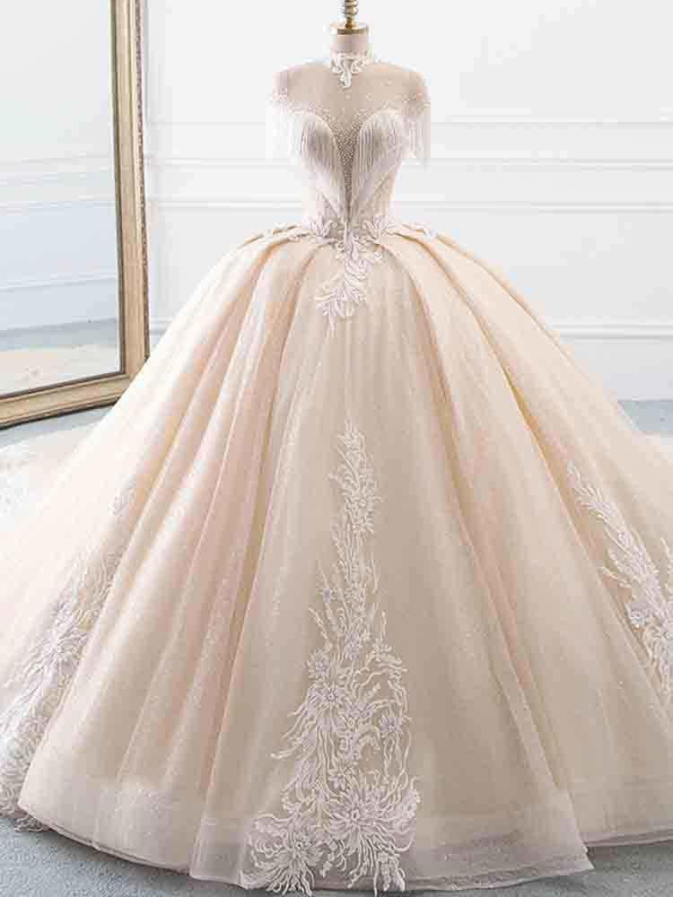 Elegant Long Ball Gown High Neck Tassel Sleeves Tulle Wedding Dresses-BIZTUNNEL