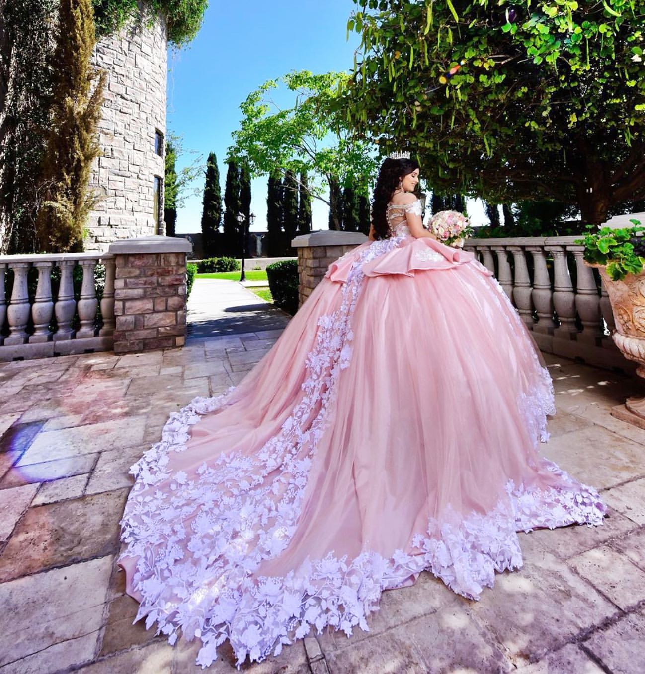 Elegant Long Ball Gown Off-the-shoulder Appliques Lace Tulle Quinceanera Dress-BIZTUNNEL
