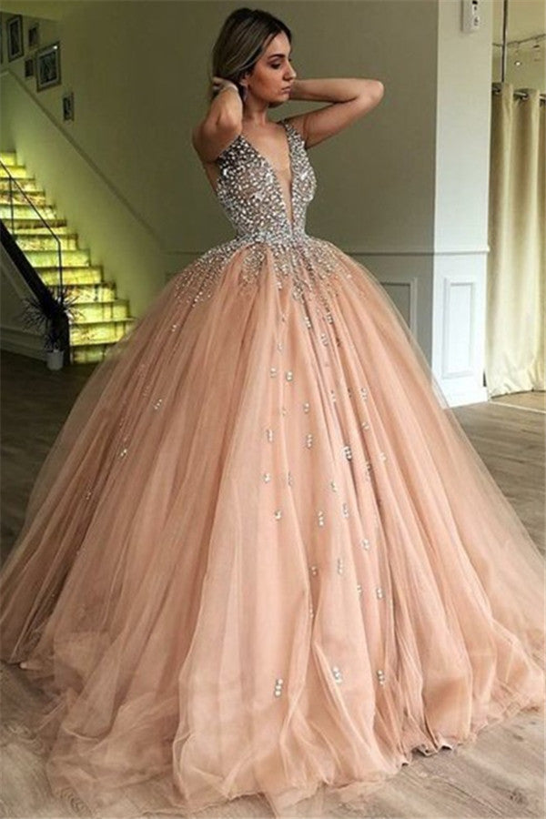 Elegant Long Ball Gown Straps Beading Tulle Prom Dress-BIZTUNNEL
