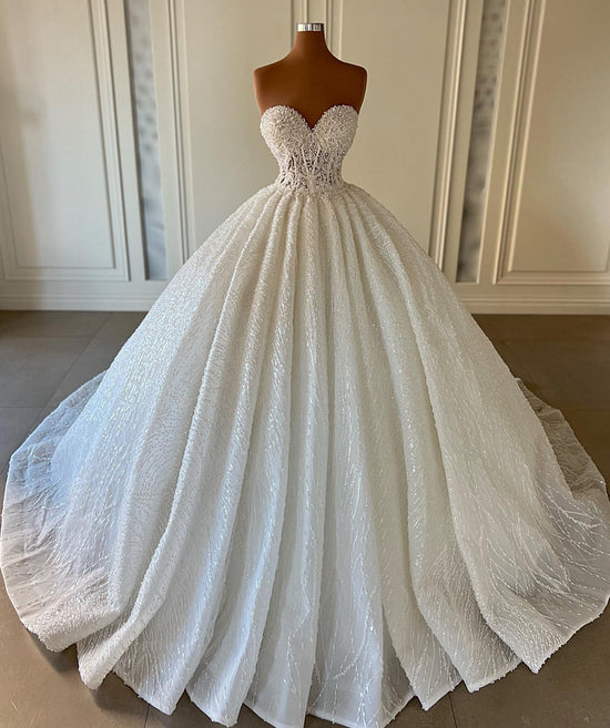 Cargar imagen en el visor de la Galería, Elegant Long Ball Gown Sweetheart Sleeveless Sequined Tulle Lace Wedding Dresses-BIZTUNNEL
