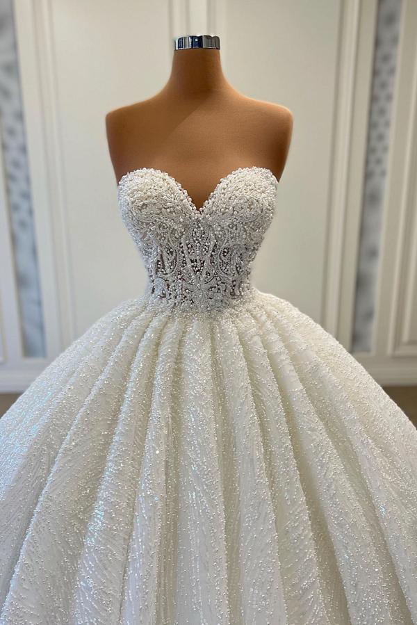 Elegant Long Ball Gown Sweetheart Sleeveless Sequined Tulle Lace Wedding Dresses-BIZTUNNEL