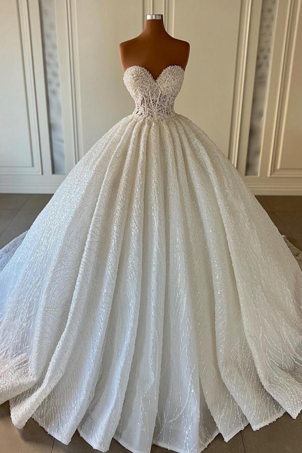 Elegant Long Ball Gown Sweetheart Sleeveless Sequined Tulle Lace Wedding Dresses-BIZTUNNEL