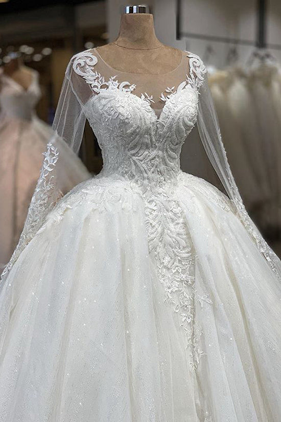 Elegant Long Ball Gown Sweetheart Tulle Wedding Dress with Sleeves-BIZTUNNEL