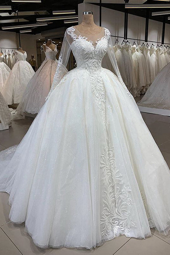 Elegant Long Ball Gown Sweetheart Tulle Wedding Dress with Sleeves-BIZTUNNEL