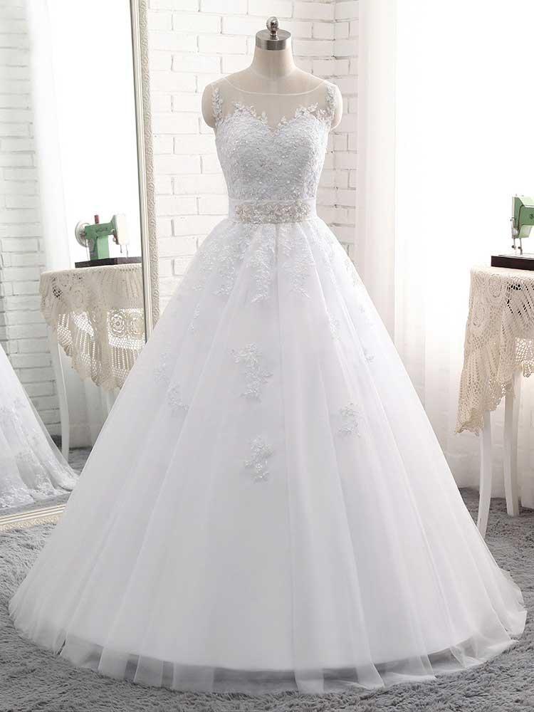 Elegant Long Ball Gown Tulle Lace-Up White Wedding Dresses-BIZTUNNEL