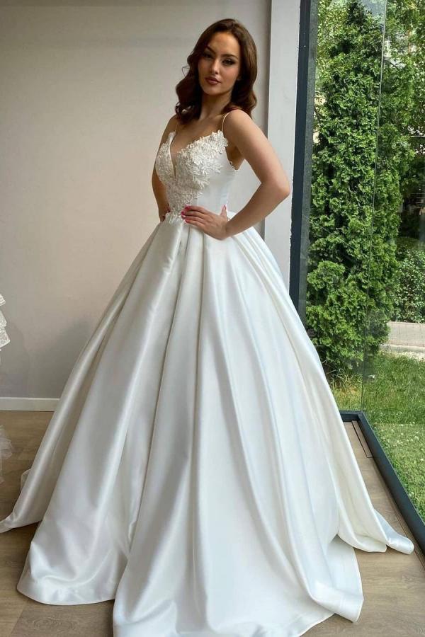 Elegant Long Ball Gowns Sweetheart Spaghetti Straps Satin Wedding Dress-BIZTUNNEL