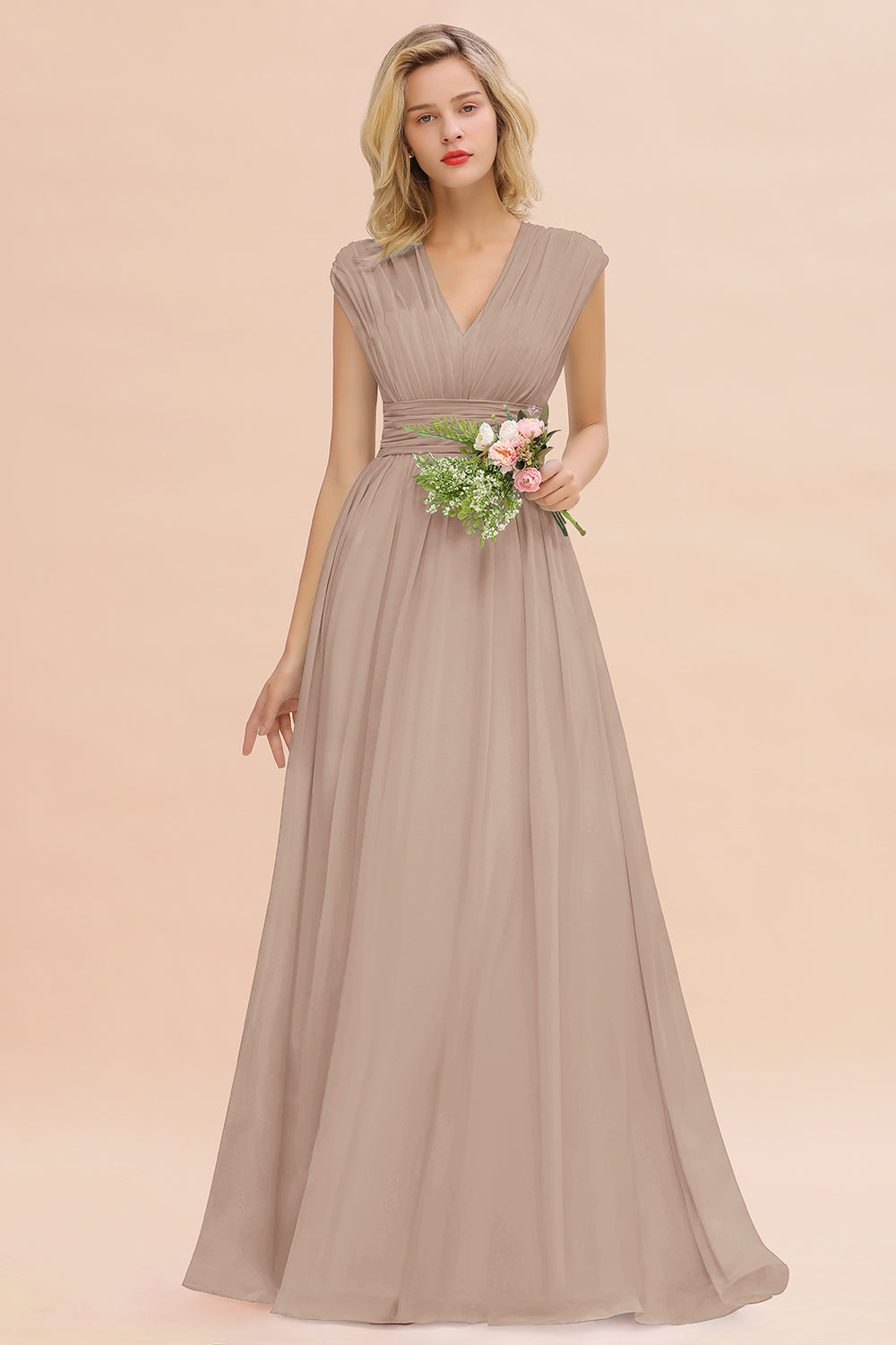 Elegant Long Chiffon V-Neck Sleeveless A-line Bridesmaid Dress – BIZTUNNEL