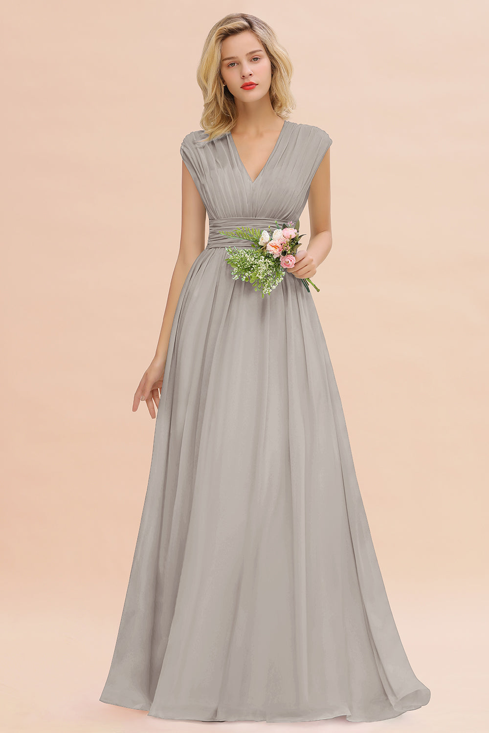Laden Sie das Bild in den Galerie-Viewer, Elegant Long Chiffon V-Neck Sleeveless A-line Bridesmaid Dress-BIZTUNNEL
