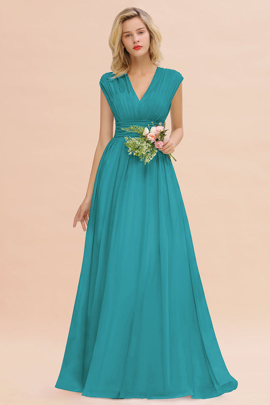 Elegant Long Chiffon V-Neck Sleeveless A-line Bridesmaid Dress-BIZTUNNEL