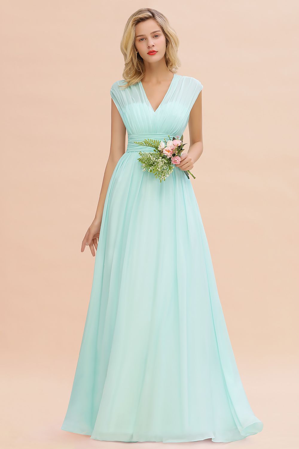 Laden Sie das Bild in den Galerie-Viewer, Elegant Long Chiffon V-Neck Sleeveless A-line Bridesmaid Dress-BIZTUNNEL
